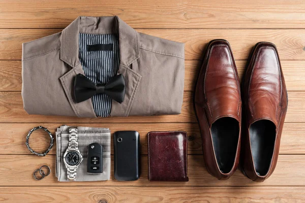 Herenaccessoires Outfits Oude Houten Achtergrond — Stockfoto