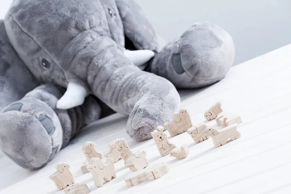 Cute Wooden Toy Animals White Wood Plank Giant Elephant Doll — Stock Photo, Image