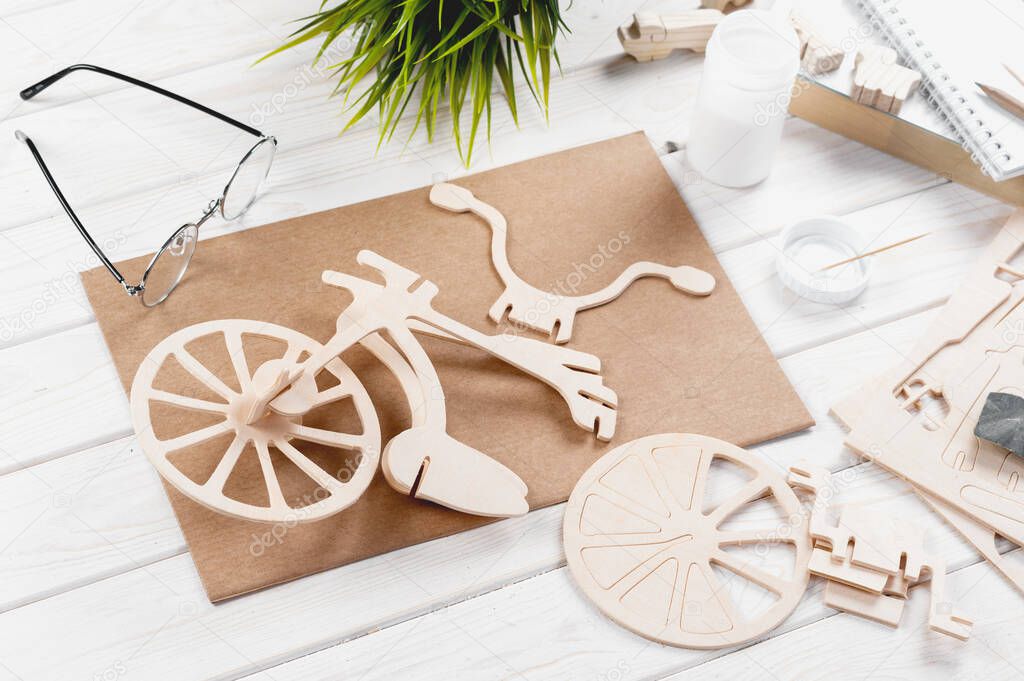 Balsa wood bicycle model kits, Hobby and leisure concept