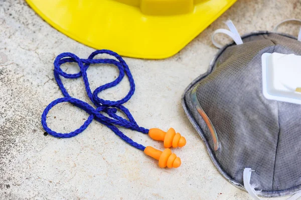 Orange Reusable Ear Plugs Construction Site Personal Safety Equipment Concept — Stock Photo, Image