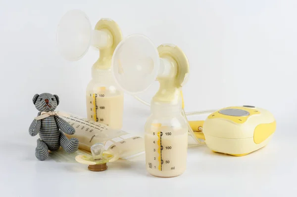 Double Breast Pump Milk Baby Bottle White Background — Stock Photo, Image