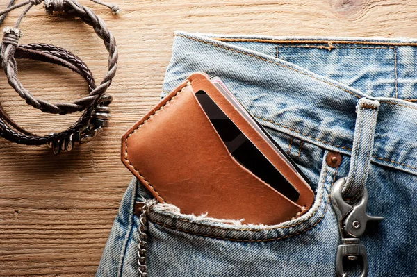 Tillbehör För Män Läder Handgjort Vegetabiliskt Garvat Läder Minimalistisk Plånbok — Stockfoto