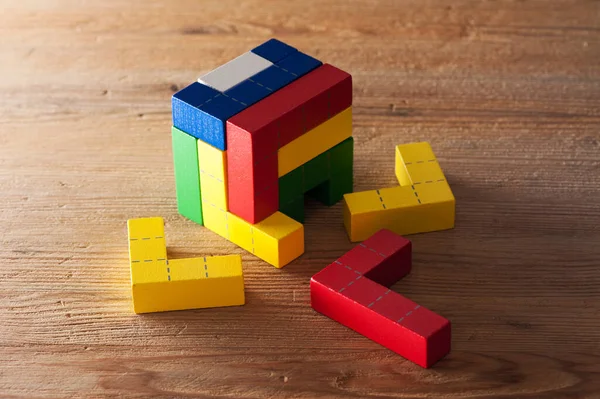 Colorido Quebra Cabeça Madeira Blocos Brinquedo Blocos Construção Madeira Com — Fotografia de Stock