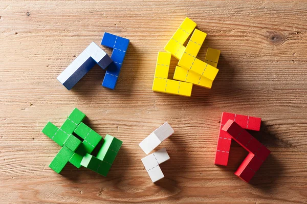 Colorful Wooden Puzzle Blocks Toy Wooden Construction Blocks Geometric Shapes — Stock Photo, Image