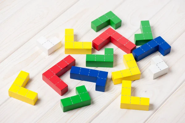 Colorat Blocuri Puzzle Din Lemn Jucărie Blocuri Construcție Din Lemn — Fotografie, imagine de stoc