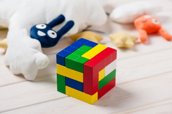 Colorful Wooden Puzzle Blocks Toy Wooden Construction Blocks Geometric Shapes — Stock Photo, Image