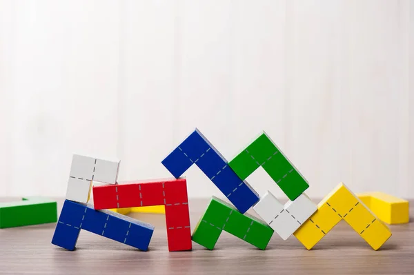 Colorido Quebra Cabeça Madeira Blocos Brinquedo Blocos Construção Madeira Com — Fotografia de Stock