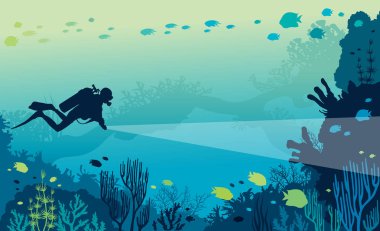 Sualtı deniz yaşamı - scuba diver ve güzel mercan kayalığı silüeti üzerinde mavi bir deniz balıklar sürüsü ile. Vektör doğa illüstrasyon.