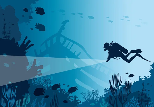 水肺潜水员的剪影与灯笼和珊瑚礁与鱼在蓝色的海 向量自然例证 海洋水下生活 — 图库矢量图片