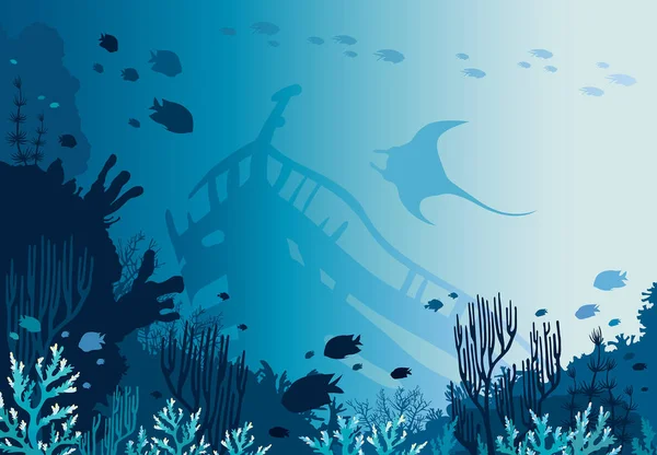 Красивый Коралловый Риф Школой Рыб Затонувший Корабль Силуэт Манты Синем — стоковый вектор