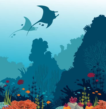 Silhouette iki mantas, mercan ve mavi deniz arka plan üzerinde balıklar. Sualtı deniz yaşamı. Vektör çizim. 