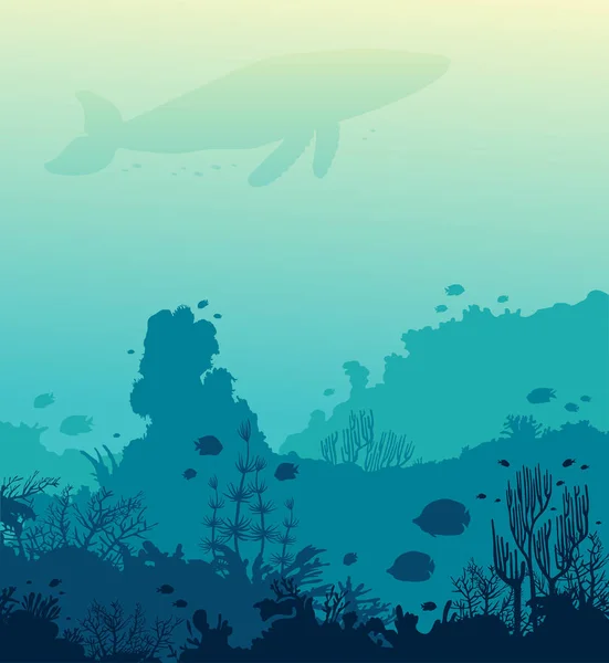 水中のベクター グラフィック クジラ サンゴ礁と青い海の魚の学校のシルエット 海洋の野生生物 — ストックベクタ