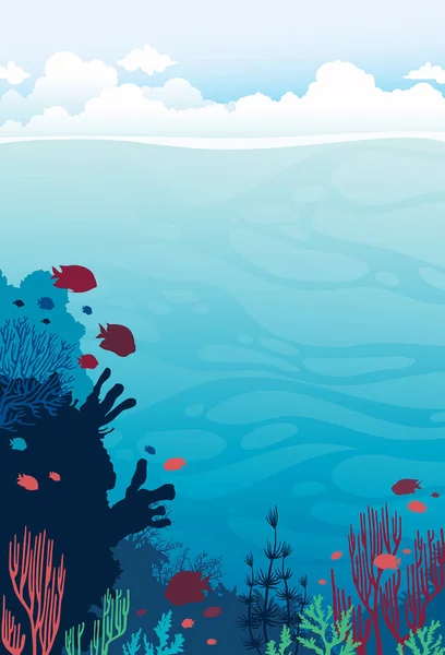 Beau Récif Corallien Avec Silhouette Poissons Sur Une Mer Bleue — Image vectorielle