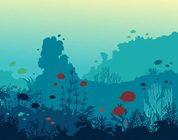 カラフルなサンゴ礁と青い海の背景に魚のシルエット ベクトルの海景図 水中の海の生き物 — ストックベクタ