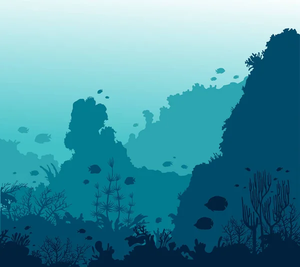 Unterwasserwelt Silhouette Von Korallenriffen Und Fischen Auf Blauem Meeresgrund Vektorgrafik — Stockvektor