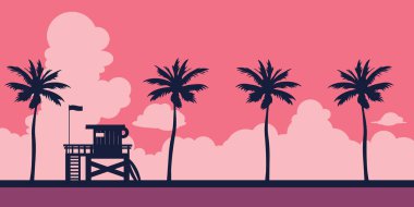 Cankurtaran İstasyonu Palm'da bir günbatımı gökyüzü ile bir plaj. Vektör çizim tropikal peyzaj ile. Yaz kartı.