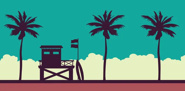 Lifeguard Station Beach Palm Sunset Sky Vector Illustration Tropical Landscape — Stock Vector