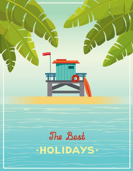 Las Mejores Vacaciones Verano Estación Salvavidas Playa Con Palma Verde — Vector de stock