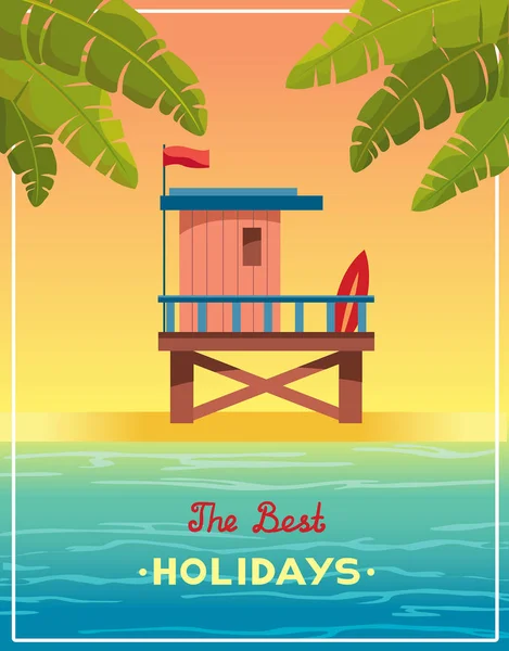 Ilustración Vectorial Con Estación Salvavidas Dibujos Animados Una Playa Mar — Vector de stock