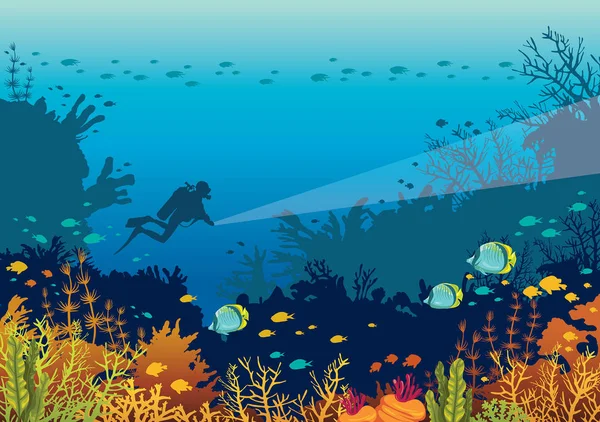 水中の海洋生物 スキューバ ダイバーと美しいサンゴ礁の青い海の魚の学校とシルエット ベクトルの性質図 — ストックベクタ