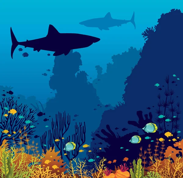 Onderwater Natuur Marine Wildlife Silhouet Van Grote Haaien Koraal Rif — Stockvector