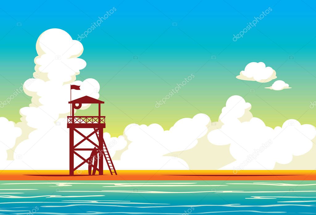 Lifeguard station on a beach and blue sea on a cloudy sky. Vector illustration with summer landscape.