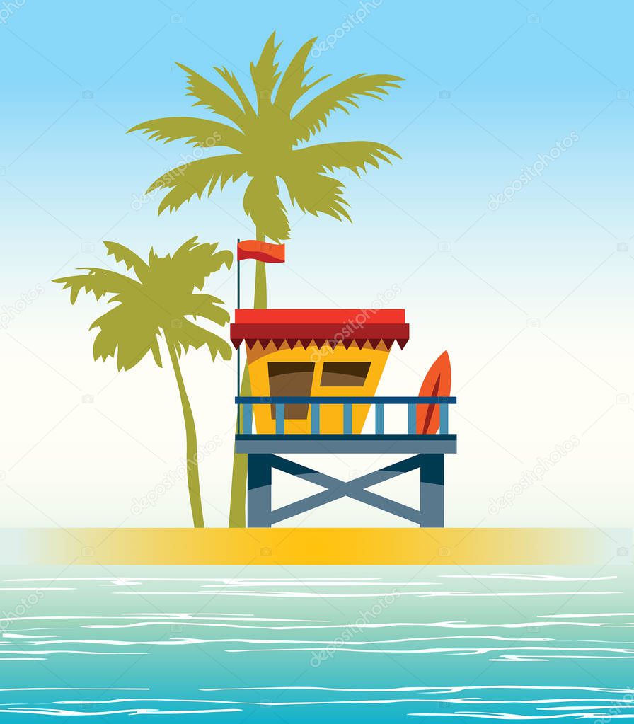 Lifeguard station on a beach with green palm and blue sea. Vector illustration with tropical landscape.