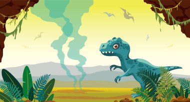 Mavi çizgi film Tyrannosaur'u, yeşil fern, taş mağara ve sarı bir gökyüzü üzerinde etkin gaysers. Dinozorlar, tarih öncesi yatay. Nesli tükenmiş hayvanları ile vektör çizim. 