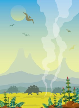 Tarih öncesi manzara siluet dinozorlar (pterodactyl ve brontosurus), volkan, dağlar ve füme şofben ile. Soyu tükenmiş hayvanlar vektör Illustration. Vahşi doğa.