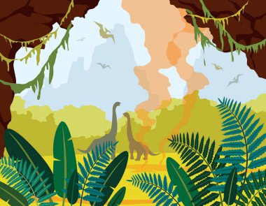 Tarih öncesi doğa. Yeşil bitkiler, mağara, dinozorlar ve aktif gayser silüeti, yatay çizgi. Nesli tükenmiş hayvanları ile vektör çizim. 