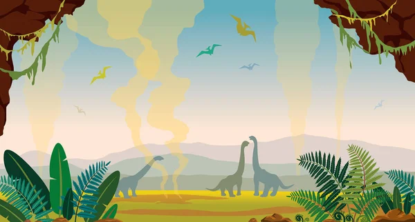 Доисторический Природный Ландшафт Силуэтом Динозавров Зеленый Папоротник Пещера Гейзеры Закате — стоковый вектор