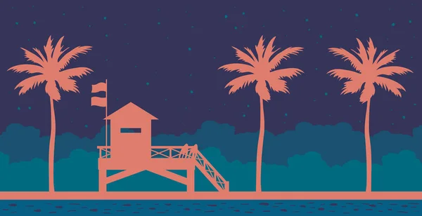 Lifeguard Station Beach Blue Sea Night Starry Sky Vector Illustration — Stock Vector