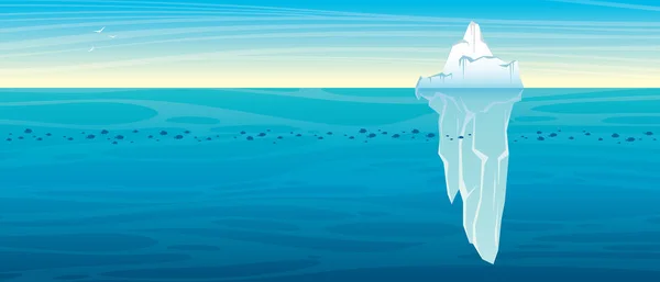 Panoramic landscape - blue ocean with school of fishes and big iceberg on a sky background. Vector nature illustration.