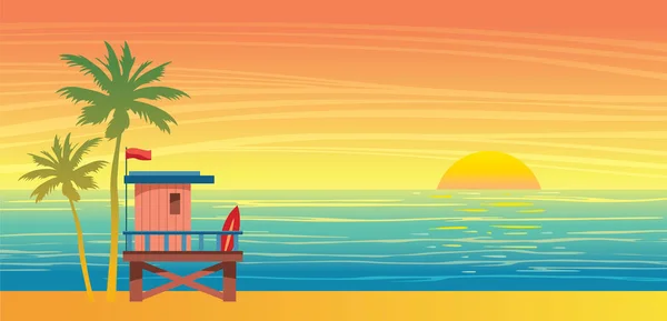 Nature Landscape Lifeguard Station Palm Tree Blue Sea Sunset Sky — Stock Vector