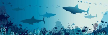 Büyük köpek balıkları, mercan ve tropikal balıklar mavi deniz arka planda silüeti. Vektör panoramik çizim. Sualtı doğa ve deniz yaban hayatı. 