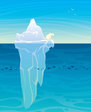 Kutup ayısı, büyük buzdağı ve sakin okyanus mavi deniz arka plan üzerinde silüeti. Vektör doğa illüstrasyon. Arktik hayvan ile manzara.