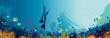 Underwater panoramic marine wildlife.  Vector nature illustration. Silhouette of two free divers and coral reef with fishes on a blue sea.  clipart