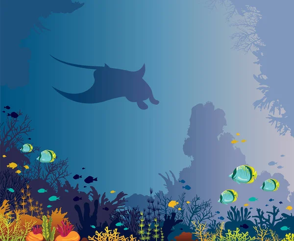 Silhouette Von Manta Korallenriff Und Fischen Auf Meeresgrund Unterwasserlebewesen Vektorillustration — Stockvektor