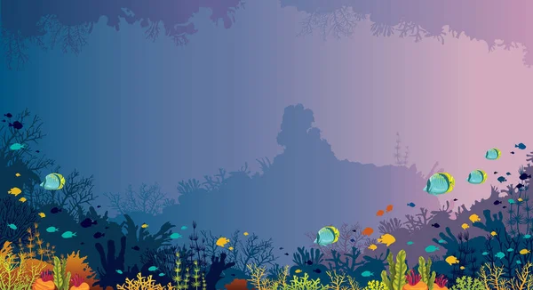 Векторні Панорамні Ілюстрації Кораловим Рифом Тропічними Рибами Морському Тлі Підводна — стоковий вектор