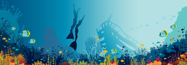 Подводная панорамная морская дикая природа. Векторная иллюстрация природы. Силуэт из двух свободных дайверов и кораллового рифа с рыбами на синем море
. 