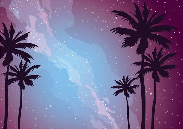 Силуэт Пальм Ночном Небе Молочным Путем Звездами Векторная Тропическая Иллюстрация — стоковый вектор
