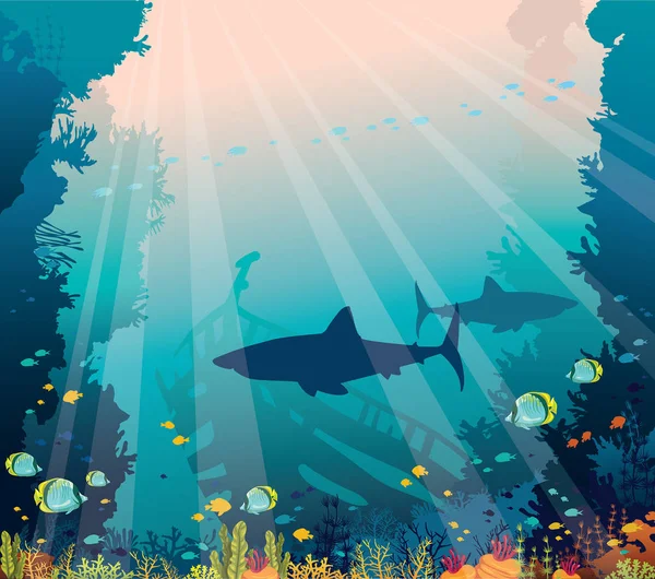 Onderwater Natuur Marine Wildlife Silhouet Van Haaien Gezonken Schip School — Stockvector