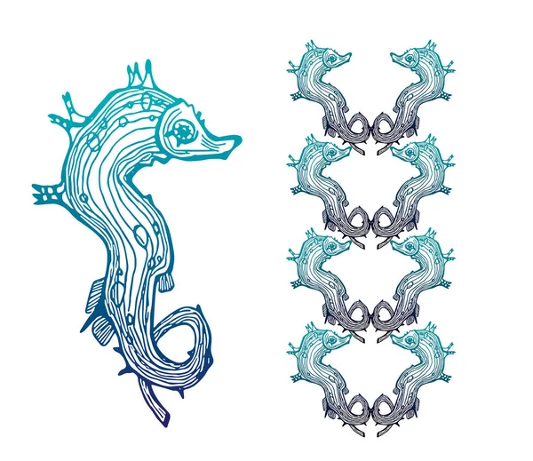 Vectorillustratie Met Grafische Seahorse Decoratieve Patroon Met Zeepaardjes Een Witte — Stockvector