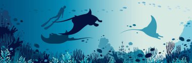 Silhouette freediver ve üç mantas balıklar ve mercan kayalığı yüzme. Sualtı deniz yaban hayatı. Vektör deniz çizim.