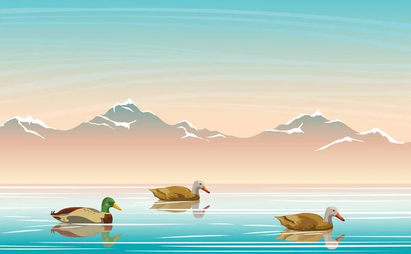 Paisaje Natural Con Tres Patos Montañas Lago Azul Tranquilo Ilustración — Vector de stock