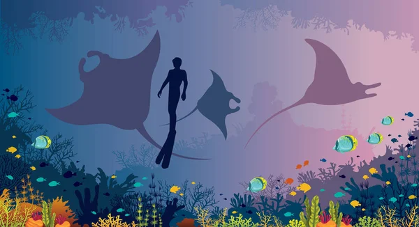 Underwater Marine Wildlife Silhouette Mantas Freediver Sea Background Vector Illustration — Stock Vector