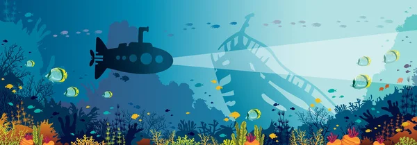 潜水艦 カラフルなサンゴ礁 沈没船のシルエットと水中パノラマ海の風景 自然なベクトル図と海洋生物 — ストックベクタ