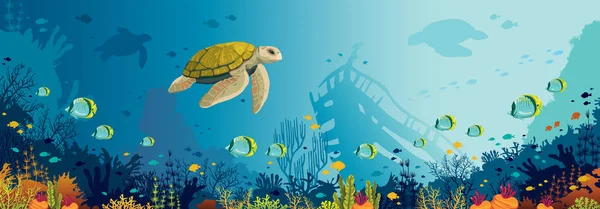 水中パノラマ海洋野生動物 ベクトルの性質図 漫画カメ サンゴ礁の魚と青い海に沈没した船のシルエット — ストックベクタ