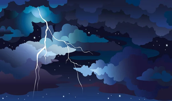 Vector Nachtelijke Hemel Met Blauwe Donkere Wolken Sterren Bliksem Natuur Rechtenvrije Stockvectors