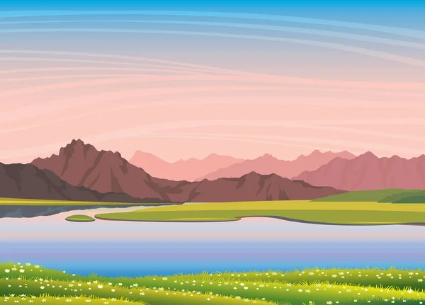 自然向量风景 夏日插图与平静的湖水 粉红色的山脉 绿草与盛开的花朵和日落的天空背景 — 图库矢量图片